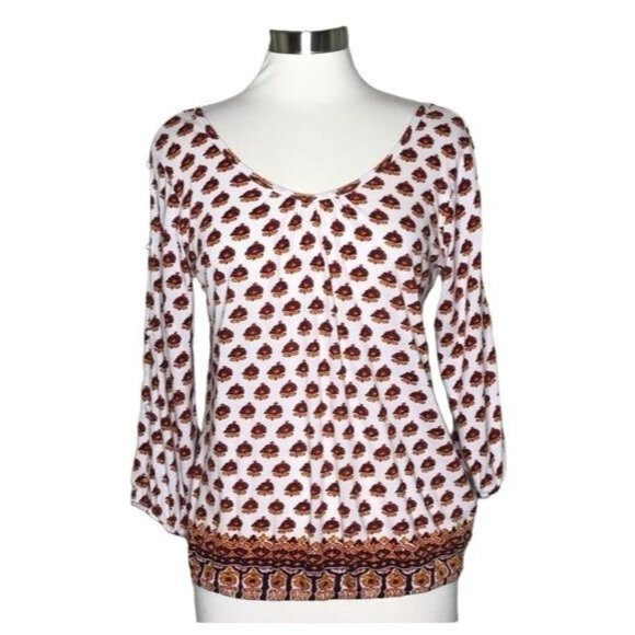 Lucky Brand M button sleeve top medallion print white red - Picture 1 of 8